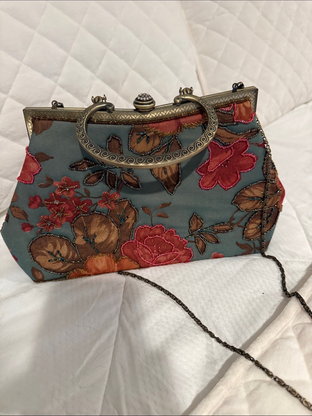 Embroidered Floral Frame Handbag - Teal with Pink & Brown Accents